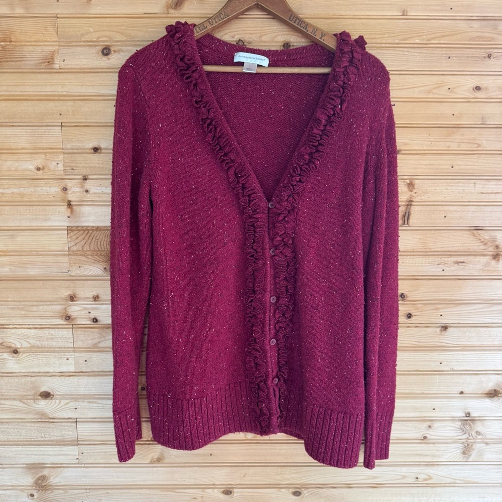 Christopher A. Banks Cardigan Sweater Ruffled Berry Women's Sz Large Cottage